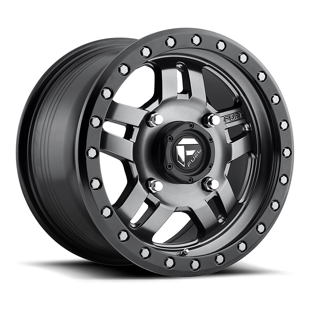 Fuel Anza D558 UTV wheel in matte gunmetal with black bead ring, angled front view, 14x7 / 15x7