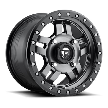 Fuel Anza D558 UTV wheel in matte gunmetal with black bead ring, angled front view, 14x7 / 15x7