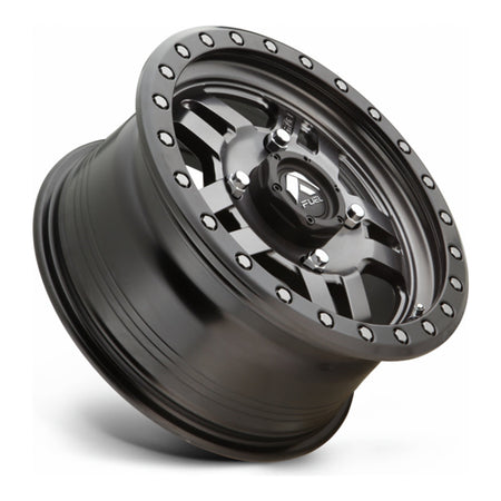 Fuel Anza D558 UTV wheel in matte gunmetal with black bead ring, side angle showing the barrel and lip