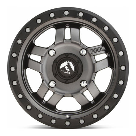 Fuel Anza D558 UTV wheel in matte gunmetal with black bead ring, straight-on face view