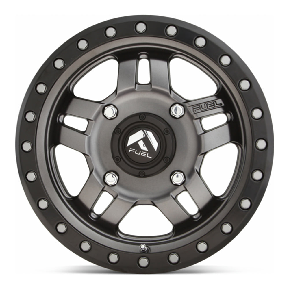Fuel Anza D558 UTV wheel in matte gunmetal with black bead ring, straight-on face view