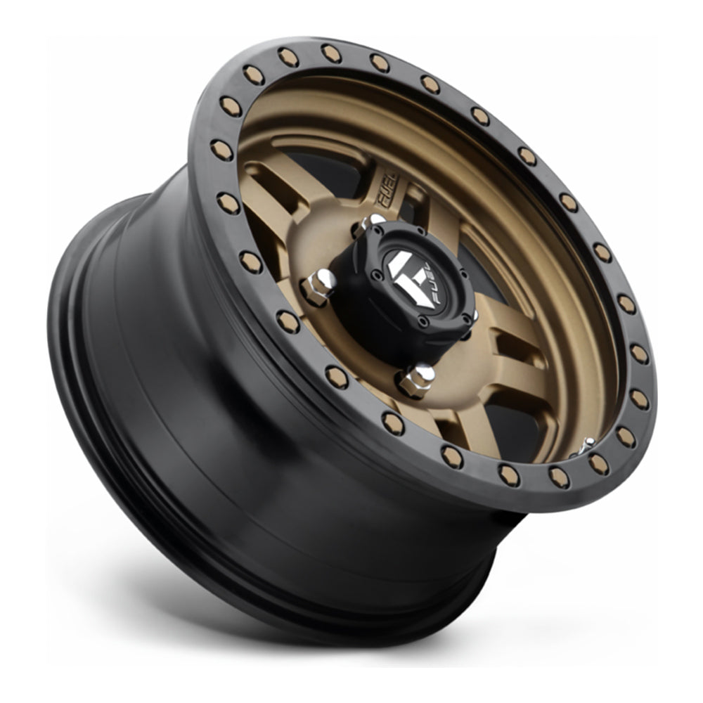 Fuel Anza D583 UTV wheel in matte bronze with black bead ring, side angle showing the barrel and lip
