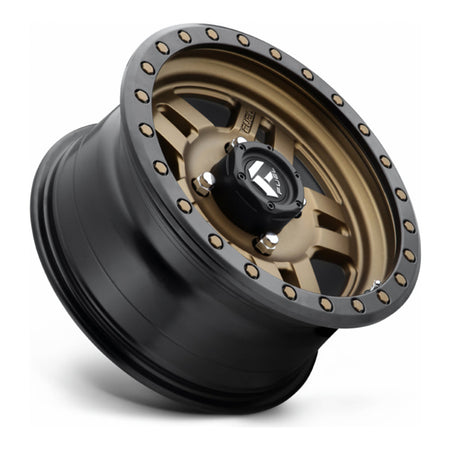 Fuel Anza D583 UTV wheel in matte bronze with black bead ring, side angle showing the barrel and lip