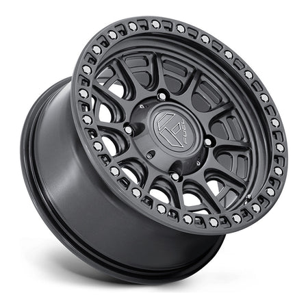 Fuel Cycle FV832 UTV wheel in gloss gunmetal, side angle showing the barrel and lip