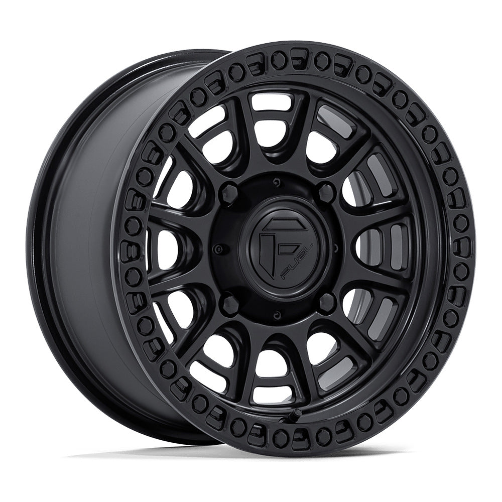Fuel Cycle FV832 UTV wheel in matte black with gloss black lip, angled front view