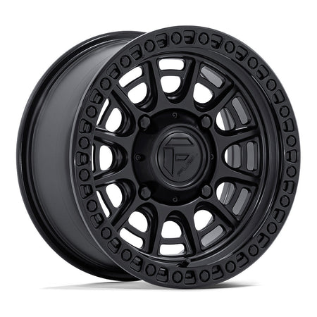 Fuel Cycle FV832 UTV wheel in matte black with gloss black lip, angled front view