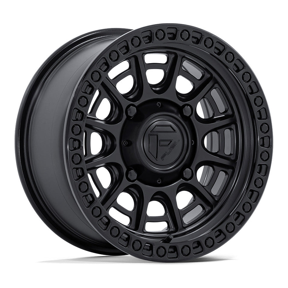 Fuel Cycle FV832 UTV wheel in matte black with gloss black lip, angled front view