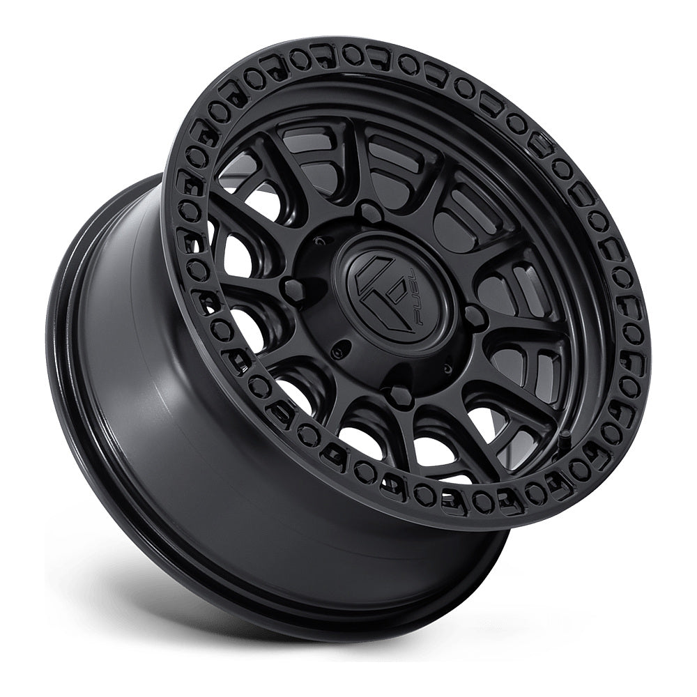Fuel Cycle FV832 UTV wheel in matte black with gloss black lip, side angle showing the barrel and lip