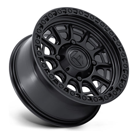 Fuel Cycle FV832 UTV wheel in matte black with gloss black lip, side angle showing the barrel and lip
