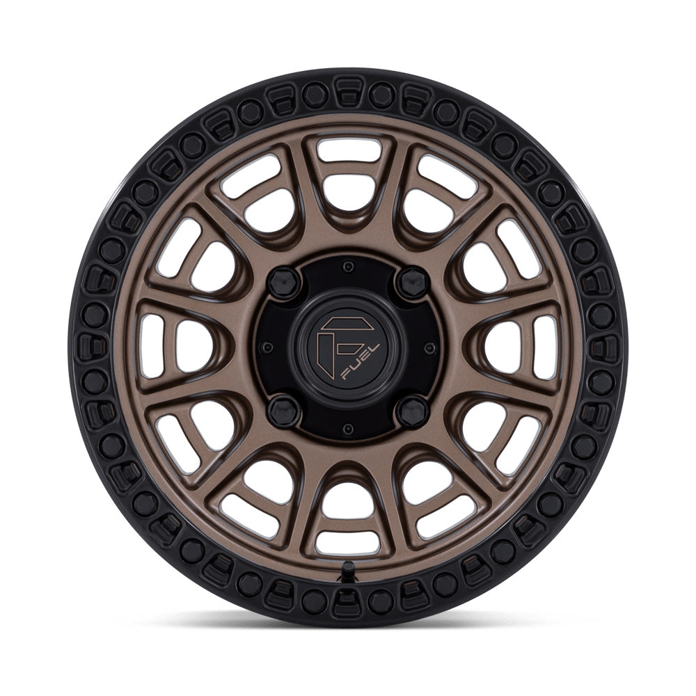 Fuel Cycle FV832 UTV wheel in matte bronze with matte black lip, straight-on face view