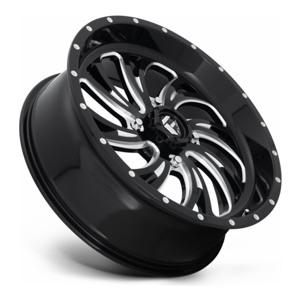 Fuel Kompressor D641 UTV wheel in gloss black milled, side angle showing the barrel and lip