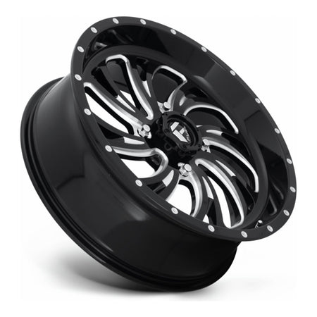 Fuel Kompressor D641 UTV wheel in gloss black milled, side angle showing the barrel and lip
