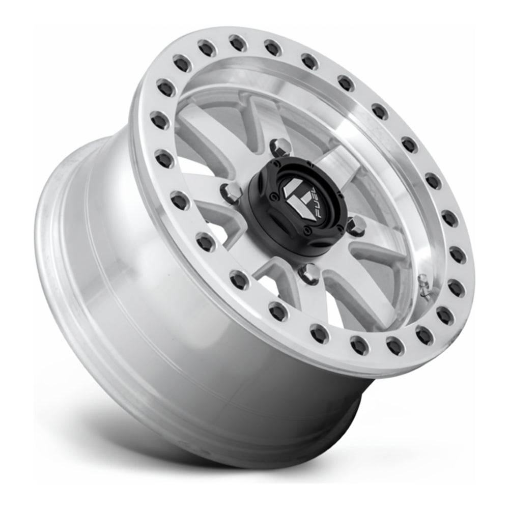 Fuel Maverick Beadlock D937 UTV wheel in raw machined, side angle showing the barrel and lip