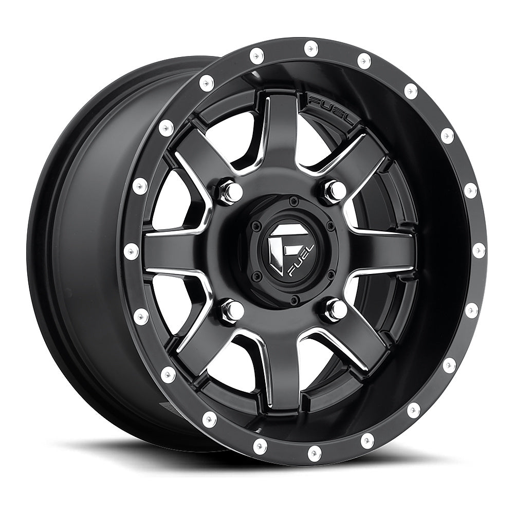 Fuel Maverick D538 UTV wheel in matte black milled, angled front view, 14x7 / 15x10