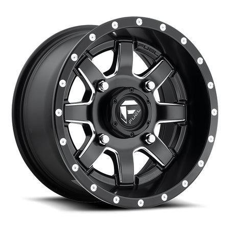 Fuel Maverick D538 UTV wheel in matte black milled, angled front view, 14x7 / 15x10