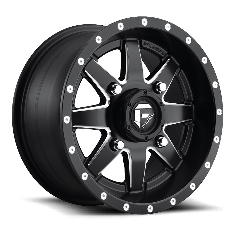 Fuel Maverick D538 UTV wheel in matte black milled, angled front view, 15x7 / 16x7