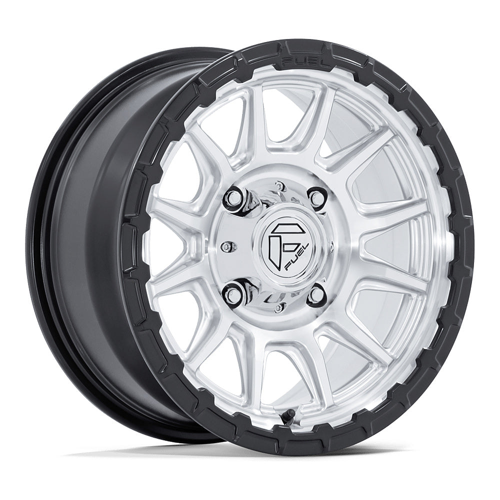 Fuel Piston FV866 UTV wheel in hyper silver machined with matte black lip, angled front view