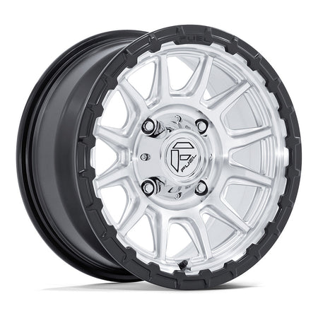 Fuel Piston FV866 UTV wheel in hyper silver machined with matte black lip, angled front view