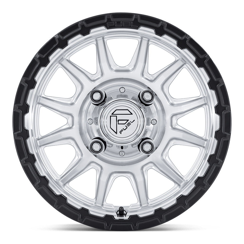Fuel Piston FV866 UTV wheel in hyper silver machined with matte black lip, straight-on face view