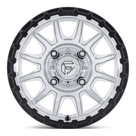 Fuel Piston FV866 UTV wheel in hyper silver machined with matte black lip, straight-on face view