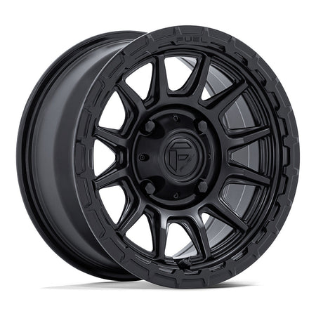 Fuel Piston FV866 UTV wheel in matte black with gloss black lip, angled front view
