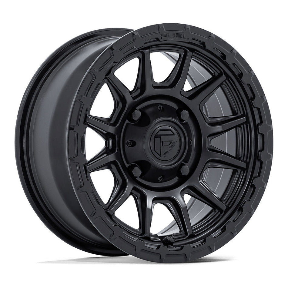 Fuel Piston FV866 UTV wheel in matte black with gloss black lip, angled front view