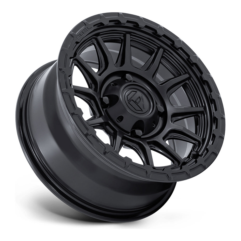 Fuel Piston FV866 UTV wheel in matte black with gloss black lip, side angle showing the barrel and lip