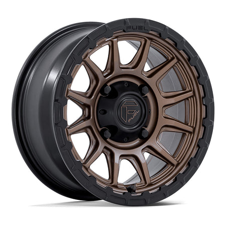 Fuel Piston FV866 UTV wheel in matte bronze with matte black lip, angled front view