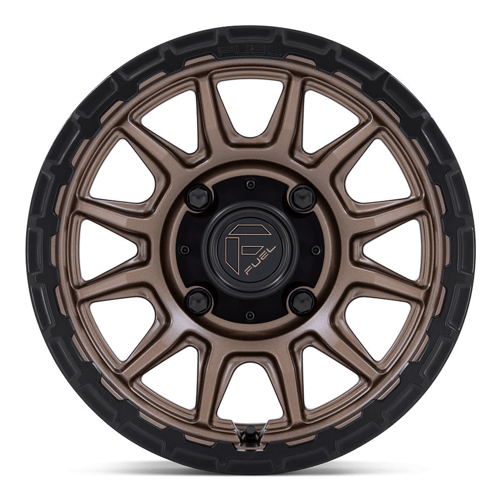 Fuel Piston FV866 UTV wheel in matte bronze with matte black lip, straight-on face view