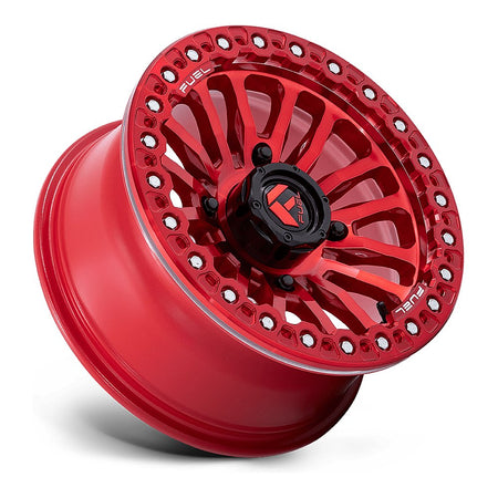 Fuel Rincon Beadlock FV125 UTV wheel in candy red, side angle showing the barrel and lip