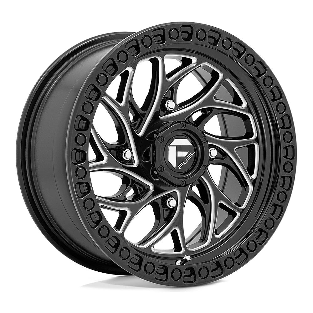 Fuel Runner D741 UTV wheel in gloss black milled, angled front view, 15x7