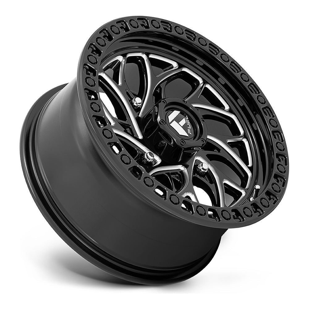 Fuel Runner D741 UTV wheel in gloss black milled, side angle showing the barrel and lip, 15x7