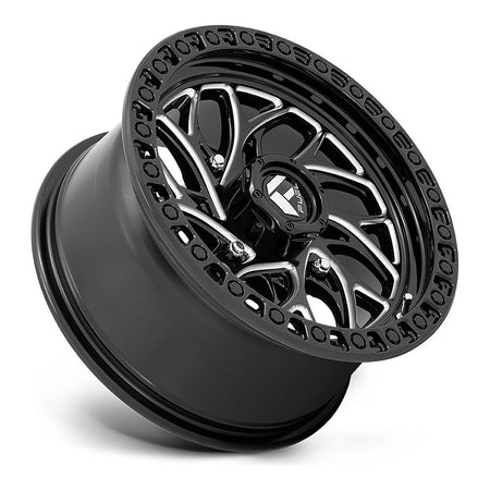 Fuel Runner D741 UTV wheel in gloss black milled, side angle showing the barrel and lip, 15x7
