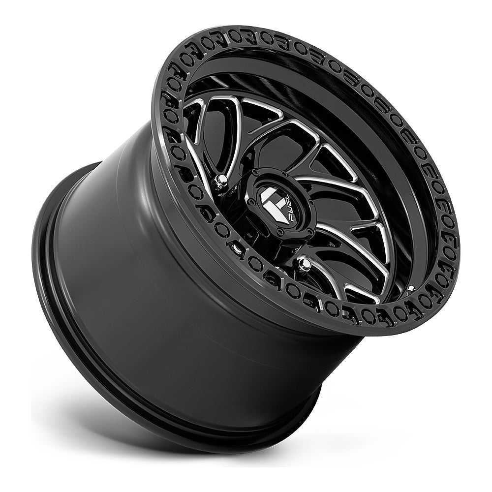 Fuel Runner D741 UTV wheel in gloss black milled, side angle showing the barrel and lip, 15x10