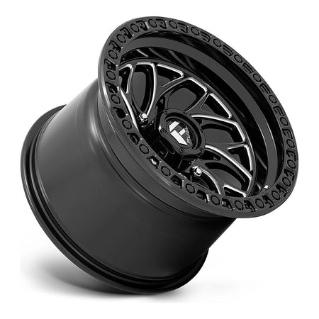 Fuel Runner D741 UTV wheel in gloss black milled, side angle showing the barrel and lip, 15x10