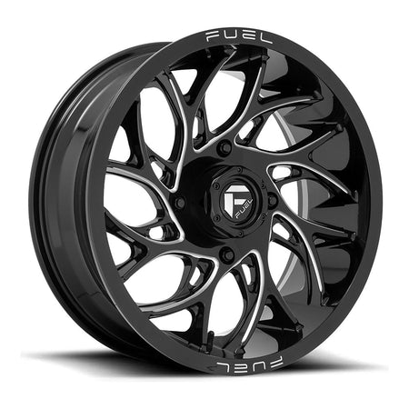 Fuel Runner D741 UTV wheel in gloss black milled, angled front view, 18x7 / 20x7 / 24x7