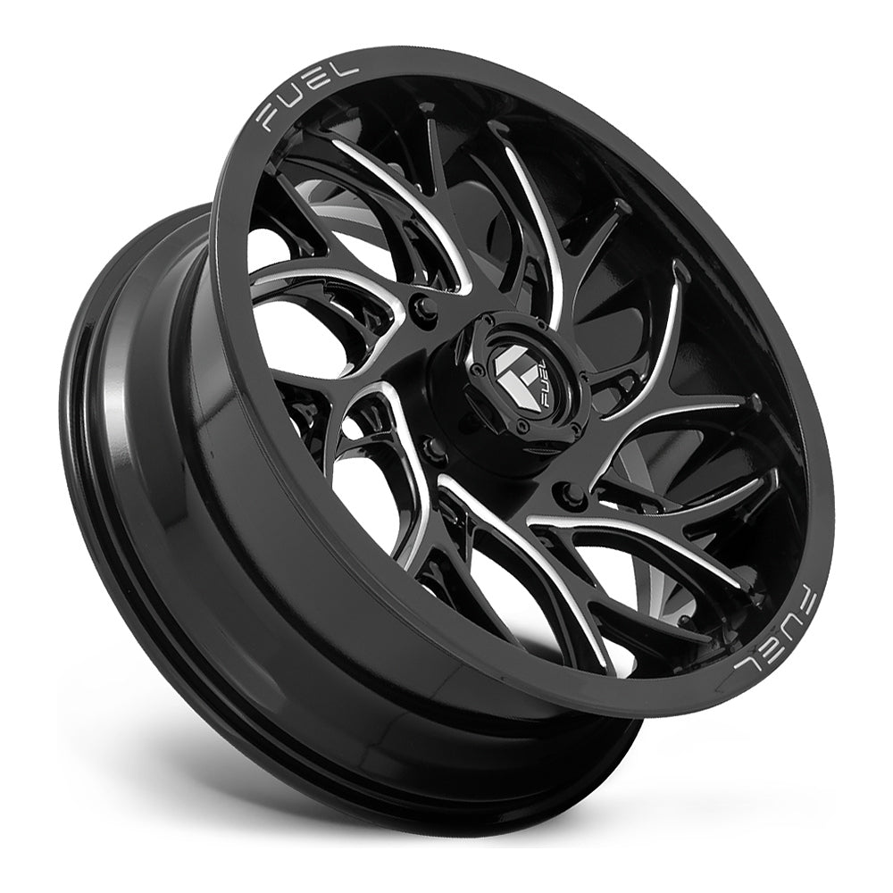 Fuel Runner D741 UTV wheel in gloss black milled, side angle showing the barrel and lip, 18x7 / 20x7 / 24x7