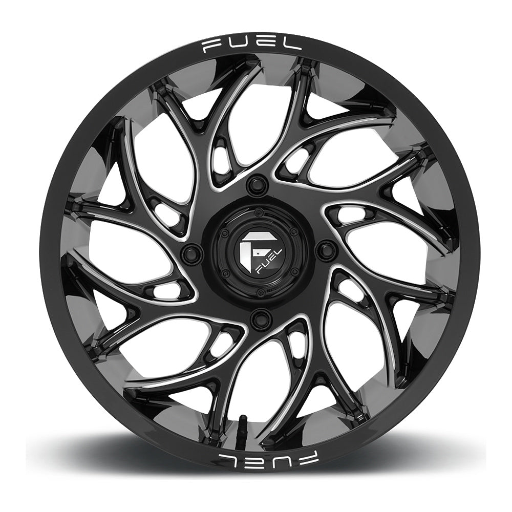 Fuel Runner D741 UTV wheel in gloss black milled, straight-on face view, 18x7 / 20x7 / 24x7