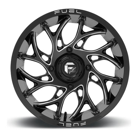 Fuel Runner D741 UTV wheel in gloss black milled, straight-on face view, 18x7 / 20x7 / 24x7