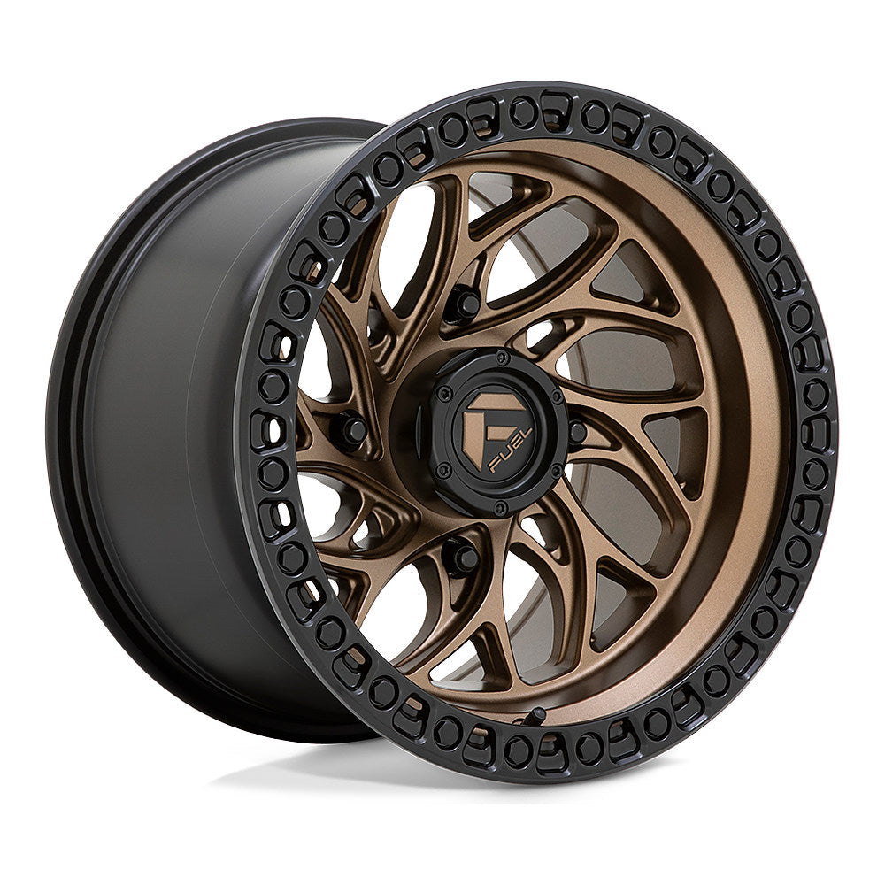 Fuel Runner D777 UTV wheel in bronze with black ring, angled front view
