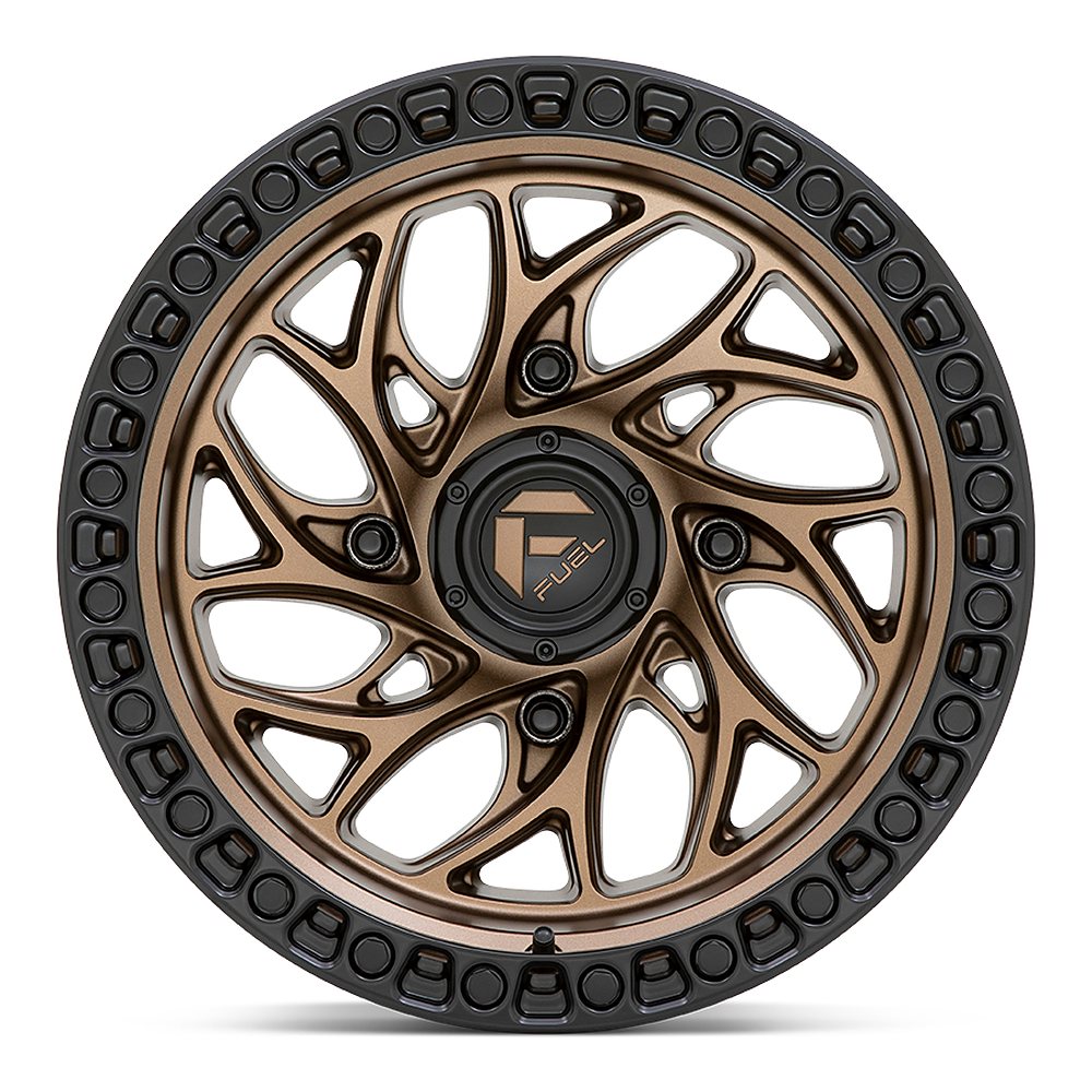 Fuel Runner D777 UTV wheel in bronze with black ring, straight-on face view