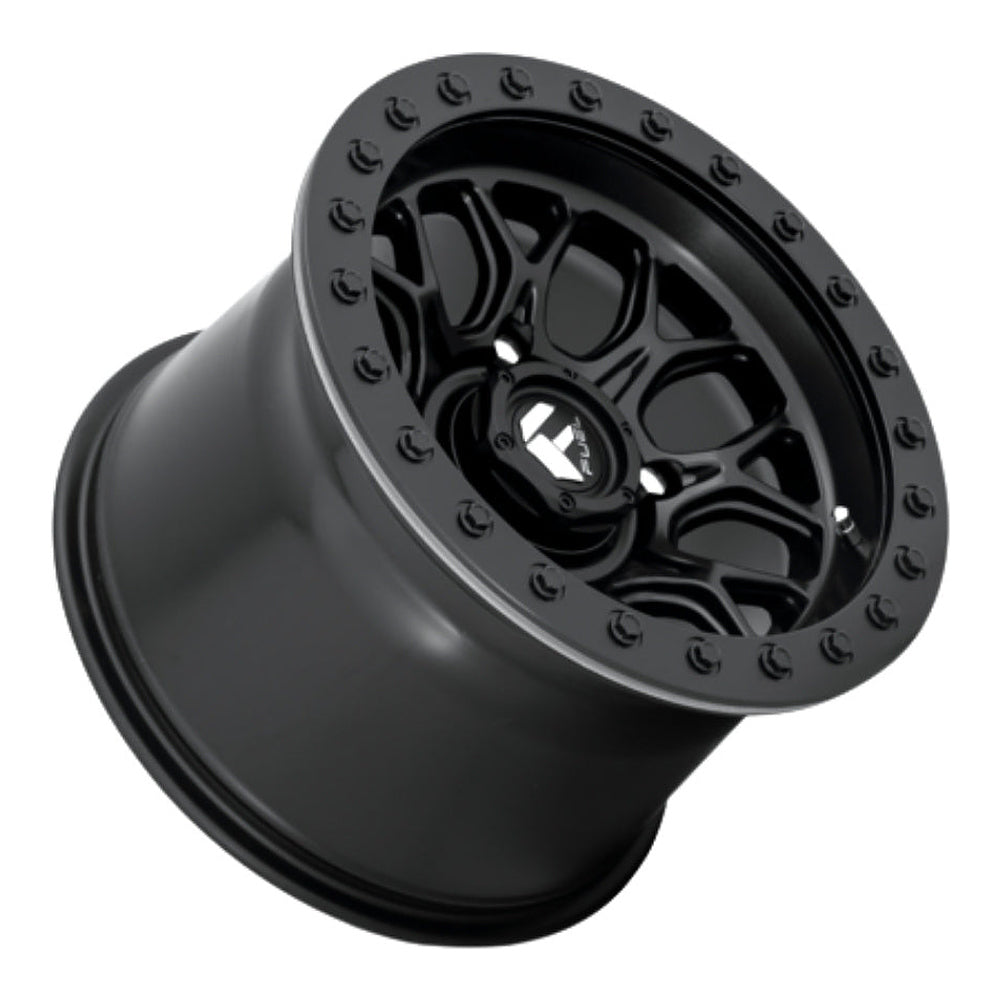 Fuel Tech Beadlock D916 UTV wheel in matte black, side angle showing the barrel and lip