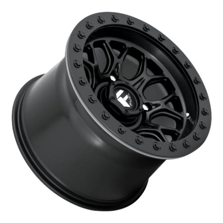 Fuel Tech Beadlock D916 UTV wheel in matte black, side angle showing the barrel and lip