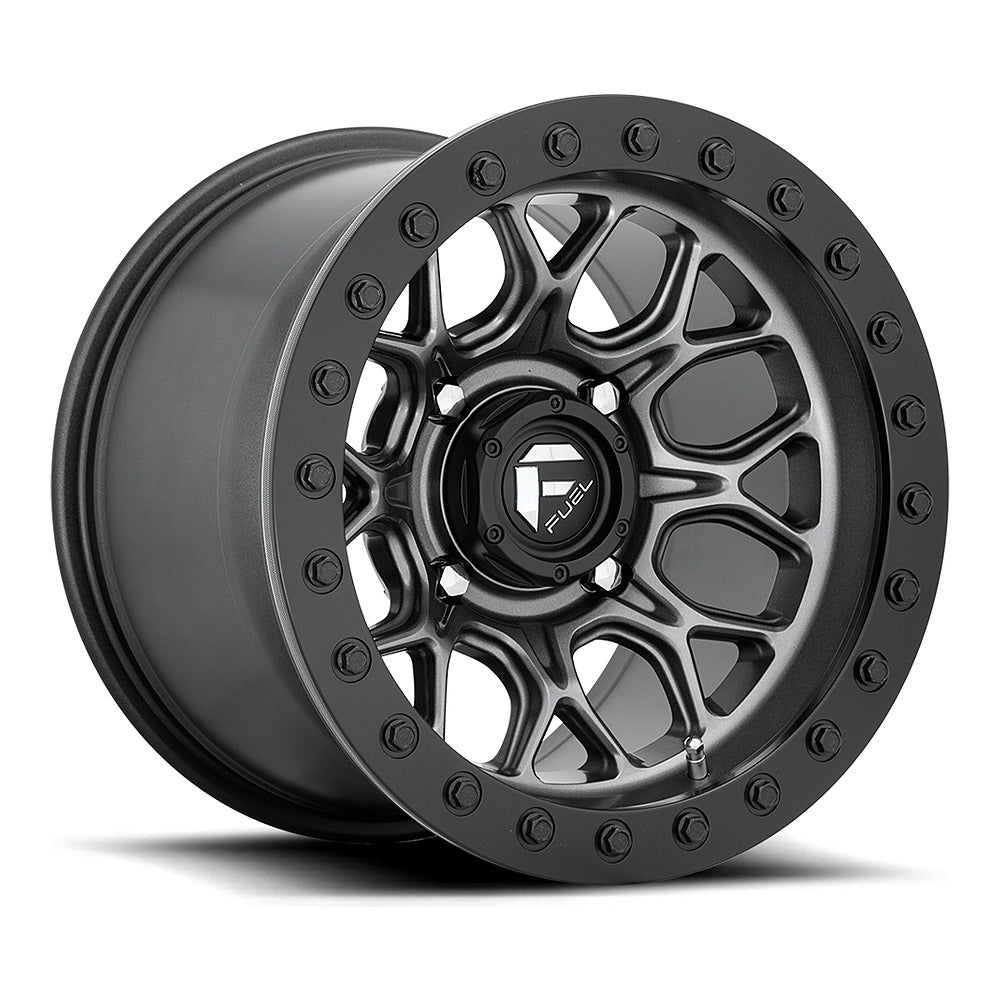 Fuel Tech Beadlock D919 UTV wheel in matte gunmetal with black bead ring, angled front view
