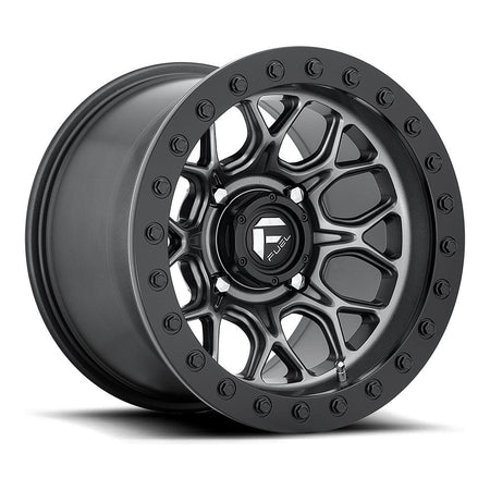 Fuel Tech Beadlock D919 UTV wheel in matte gunmetal with black bead ring, angled front view