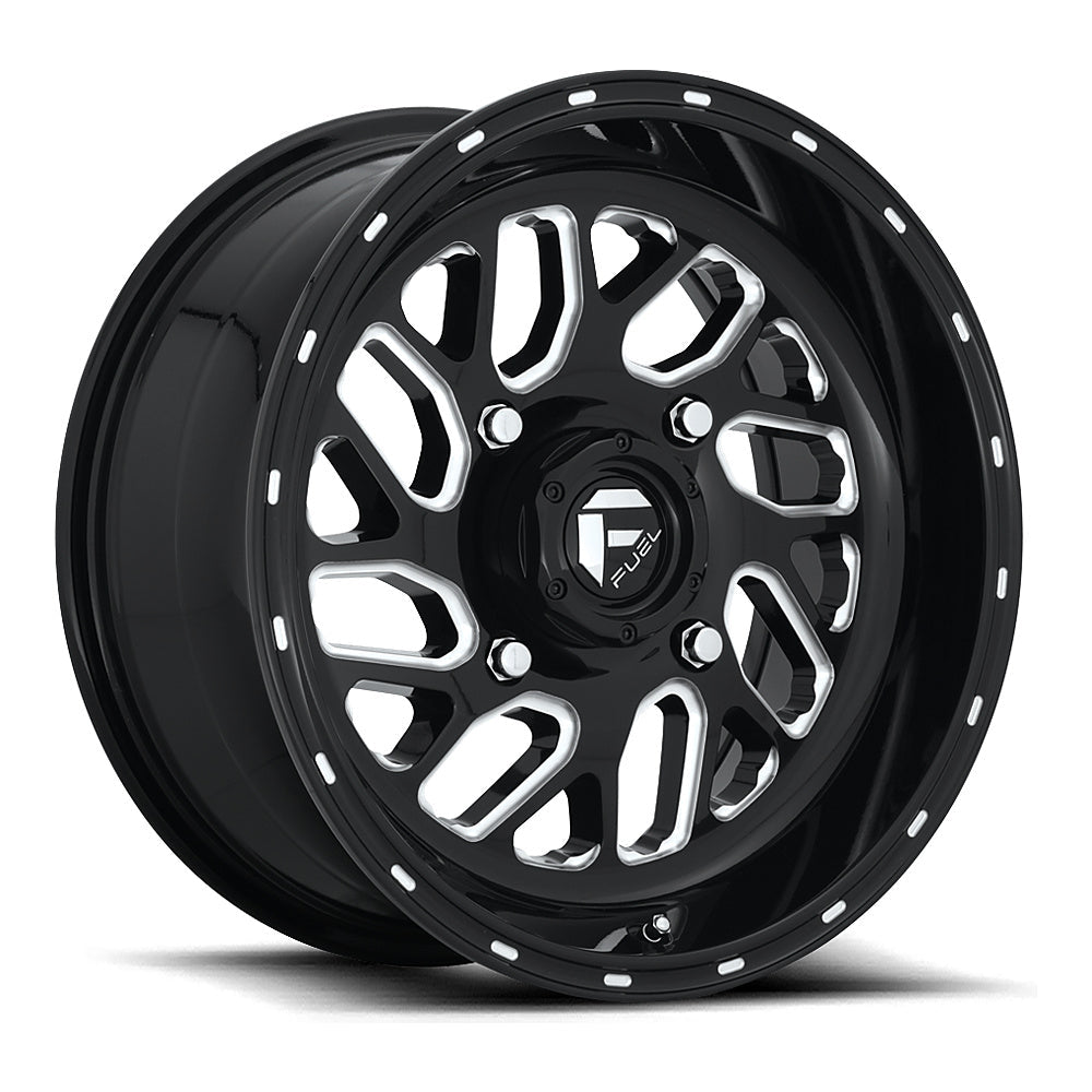 Fuel Triton D581 UTV wheel in gloss black milled, angled front view, 16x7