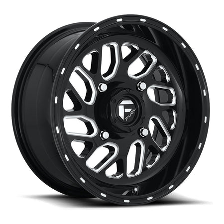 Fuel Triton D581 UTV wheel in gloss black milled, angled front view, 16x7
