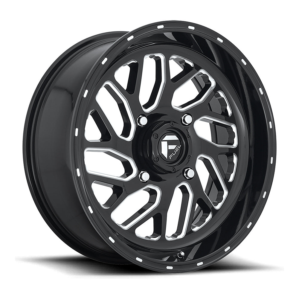 Fuel Triton D581 UTV wheel in gloss black milled, angled front view, 18x7