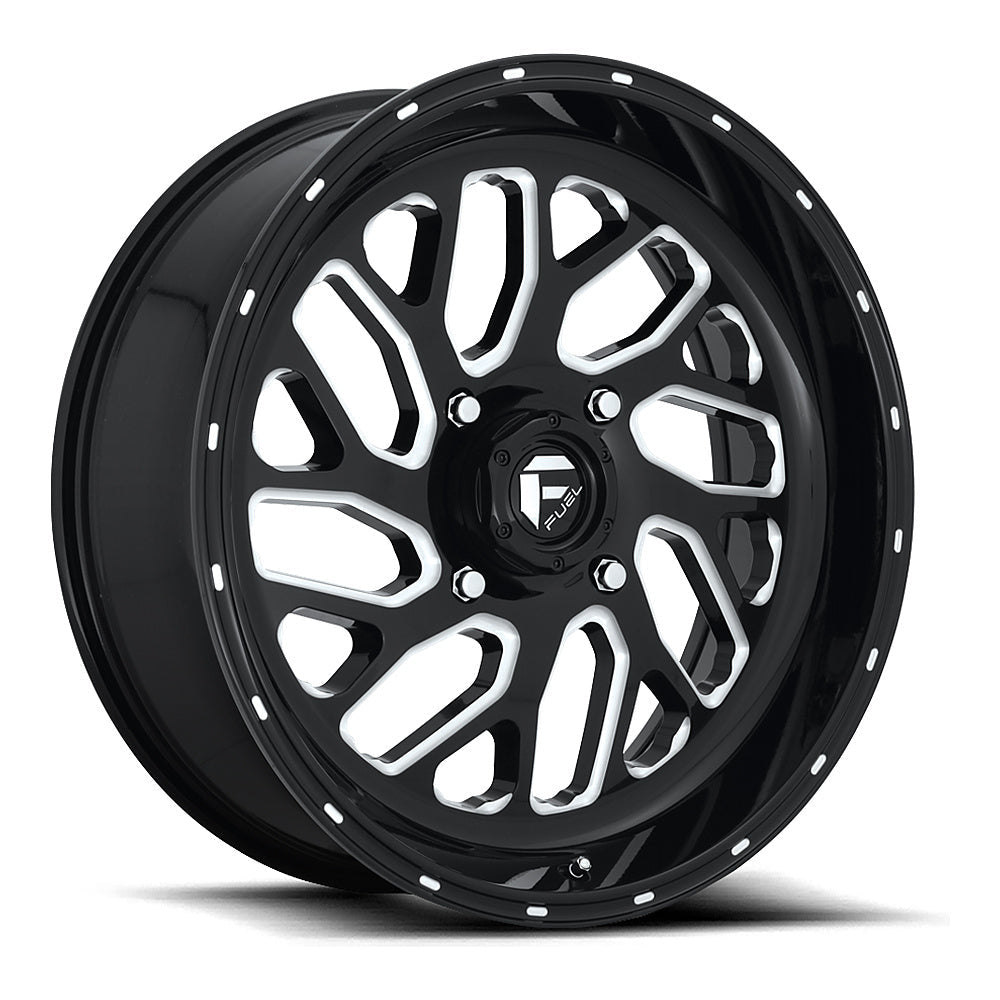 Fuel Triton D581 UTV wheel in gloss black milled, angled front view, 20x7
