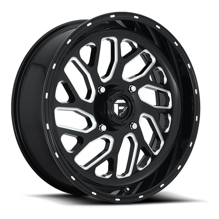 Fuel Triton D581 UTV wheel in gloss black milled, angled front view, 20x7